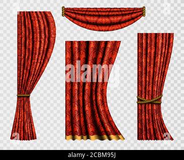 Set von realistischen Vorhängen mit einem Muster im Barockstil. Vorhang bildet sich auf einem transparenten Hintergrund. Blumenschablonen von roten Elementen für Design. Vec Stock Vektor