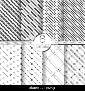 Satz von nahtlosen Vektormustern. Moderne stilvolle geometrische diagonale Texturen. Unendlich wiederholende geometrische Ornamente mit gepunkteten, Rhombus, linearen, Stock Vektor