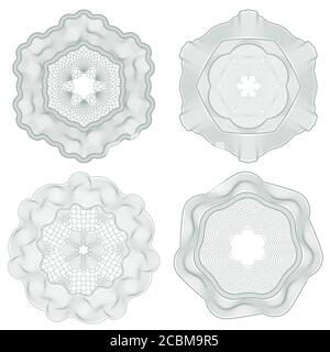 Set von Elementen der Guilloche. Vorlagen für die Druckmaschine. Kreisförmiges Ornament. Rosette. Eine Vektorgrafik für Papierkram. Stock Vektor