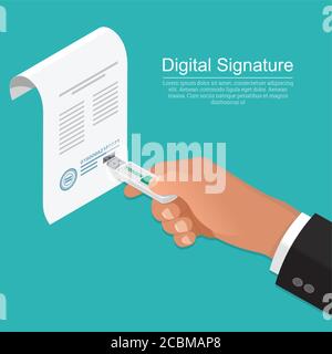 Die Hand des Geschäftsmannes mit dem Memory Stick. Das Dokument mit dem Connector.Konzept der digitalen Signatur.das Unternehmen für Kundenservice.Isomet Stock Vektor