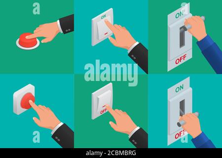 Satz realistischer Vektorzeiger, die Tasten drücken. Isometrisches Symbol des elektrischen Messerschalters in der ein/aus-Position. Kippschalter. Hochspannung. Elektrik Stock Vektor