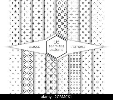 Große Reihe von Vektor nahtlose Muster. Klassische geometrische Texturen. Regelmäßig wiederholende geometrische Umhüllungsflächen mit unterschiedlichen Formen. Trendiger GRA Stock Vektor