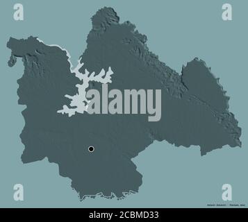 Form von Kalasin, Provinz Thailand, mit seiner Hauptstadt isoliert auf einem einfarbigen Hintergrund. Farbige Höhenkarte. 3D-Rendering Stockfoto