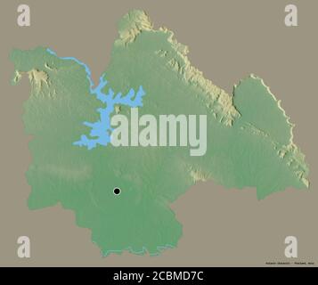 Form von Kalasin, Provinz Thailand, mit seiner Hauptstadt isoliert auf einem einfarbigen Hintergrund. Topografische Reliefkarte. 3D-Rendering Stockfoto