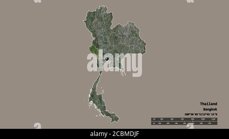 Entsättigte Form von Thailand mit seiner Hauptstadt, der wichtigsten regionalen Teilung und der abgetrennten Kanchanaburi-Bereich. Beschriftungen. Satellitenbilder. 3D-Rendering Stockfoto