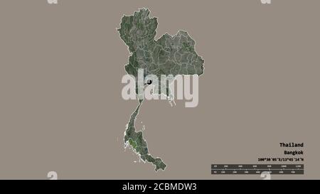 Entsättigte Form von Thailand mit seiner Hauptstadt, der wichtigsten regionalen Teilung und dem abgetrennten Krabi-Gebiet. Beschriftungen. Satellitenbilder. 3D-Rendering Stockfoto