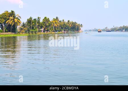 Schönes Bild zeigt die landschaftliche Schönheit von Aleppey mit Backwaters und gigantischen Bäumen. Das Backwaters ist eine der beliebtesten Touristenattraktionen Stockfoto