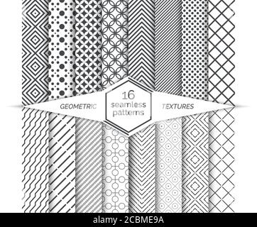 Große Reihe von Vektor nahtlose Muster. Moderne, stilvolle geometrische Texturen. Regelmäßig wiederholte geometrische Hintergründe mit verschiedenen Formen. Trendy Stock Vektor