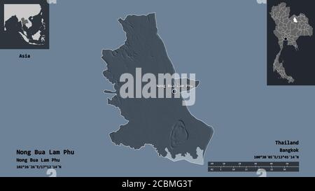 Form von Nong Bua Lam Phu, Provinz Thailand, und seine Hauptstadt. Entfernungsskala, Vorschauen und Beschriftungen. Farbige Höhenkarte. 3D-Rendering Stockfoto