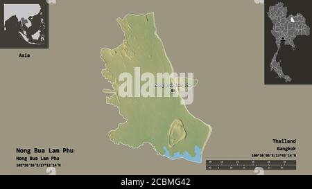 Form von Nong Bua Lam Phu, Provinz Thailand, und seine Hauptstadt. Entfernungsskala, Vorschauen und Beschriftungen. Topografische Reliefkarte. 3D-Rendering Stockfoto