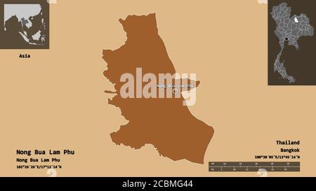 Form von Nong Bua Lam Phu, Provinz Thailand, und seine Hauptstadt. Entfernungsskala, Vorschauen und Beschriftungen. Komposition von gemusterten Texturen. 3D-Rendering Stockfoto