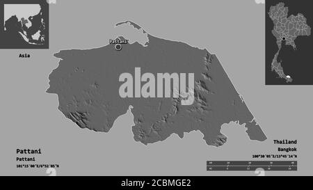 Form von Pattani, Provinz Thailand, und seine Hauptstadt. Entfernungsskala, Vorschauen und Beschriftungen. Höhenkarte mit zwei Ebenen. 3D-Rendering Stockfoto