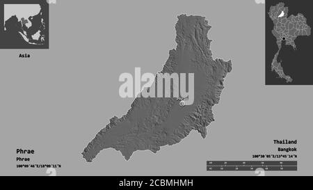 Form von Phrae, Provinz Thailand, und seine Hauptstadt. Entfernungsskala, Vorschauen und Beschriftungen. Höhenkarte mit zwei Ebenen. 3D-Rendering Stockfoto