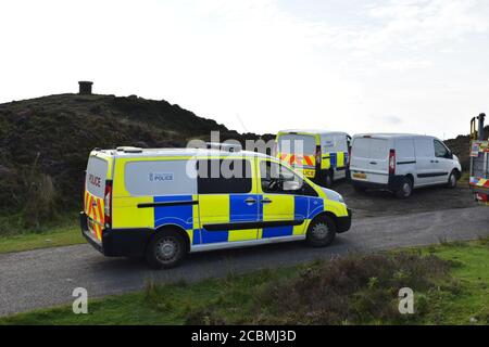 Polizeibeamte am Tatort in der Nähe des Gipfels von Brown Clee Hill im Süden von Shropshire. Eine Morduntersuchung wurde eingeleitet, nachdem ein Rentner in der Gegend tot aufgefunden wurde. Stockfoto