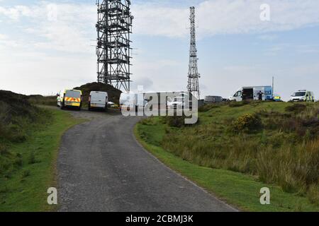 Polizeibeamte am Tatort in der Nähe des Gipfels von Brown Clee Hill im Süden von Shropshire. Eine Morduntersuchung wurde eingeleitet, nachdem ein Rentner in der Gegend tot aufgefunden wurde. Stockfoto