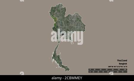 Entsättigte Form von Thailand mit seiner Hauptstadt, der wichtigsten regionalen Teilung und der abgetrennten Tak-Bereich. Beschriftungen. Satellitenbilder. 3D-Rendering Stockfoto