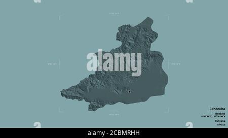Gebiet von Jendouba, Gouvernement von Tunesien, isoliert auf einem soliden Hintergrund in einem georeferenzierten Begrenzungsrahmen. Beschriftungen. Farbige Höhenkarte. 3D-Rendering Stockfoto