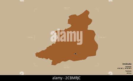 Gebiet von Jendouba, Gouvernement von Tunesien, isoliert auf einem soliden Hintergrund in einem georeferenzierten Begrenzungsrahmen. Beschriftungen. Komposition von gemusterten Texturen. 3 Stockfoto