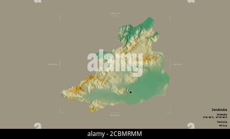 Gebiet von Jendouba, Gouvernement von Tunesien, isoliert auf einem soliden Hintergrund in einem georeferenzierten Begrenzungsrahmen. Beschriftungen. Topografische Reliefkarte. 3D-Rendering Stockfoto