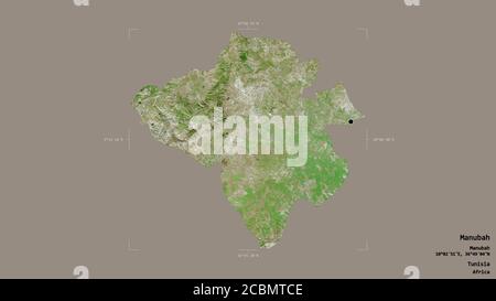 Gebiet von Manubah, Gouvernement von Tunesien, isoliert auf einem soliden Hintergrund in einem georeferenzierten Begrenzungsrahmen. Beschriftungen. Satellitenbilder. 3D-Rendering Stockfoto