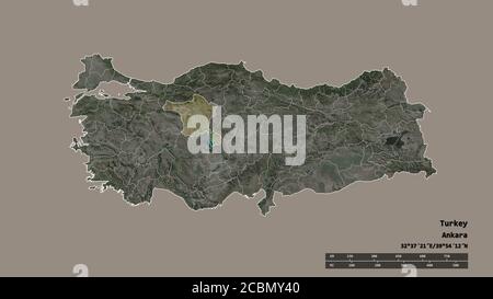 Entsättigte Form der Türkei mit ihrer Hauptstadt, der wichtigsten regionalen Teilung und dem abgetrennten Ankara-Gebiet. Beschriftungen. Satellitenbilder. 3D-Rendering Stockfoto