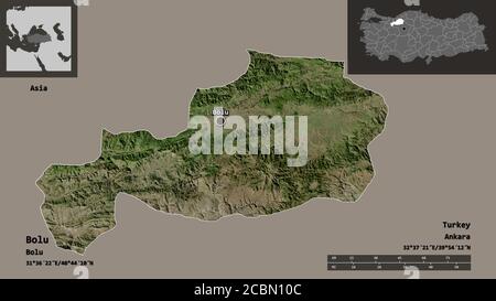 Form von Bolu, Provinz der Türkei, und seine Hauptstadt. Entfernungsskala, Vorschauen und Beschriftungen. Satellitenbilder. 3D-Rendering Stockfoto