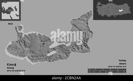 Form von Elazığ, Provinz der Türkei, und seine Hauptstadt. Entfernungsskala, Vorschauen und Beschriftungen. Höhenkarte mit zwei Ebenen. 3D-Rendering Stockfoto