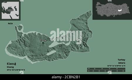 Form von Elazığ, Provinz der Türkei, und seine Hauptstadt. Entfernungsskala, Vorschauen und Beschriftungen. Farbige Höhenkarte. 3D-Rendering Stockfoto