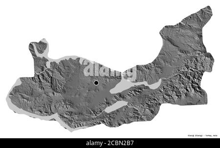 Form von Elazığ, Provinz der Türkei, mit seiner Hauptstadt isoliert auf weißem Hintergrund. Höhenkarte mit zwei Ebenen. 3D-Rendering Stockfoto