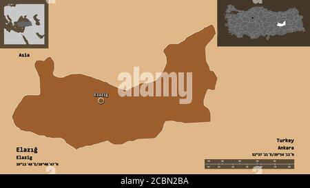 Form von Elazığ, Provinz der Türkei, und seine Hauptstadt. Entfernungsskala, Vorschauen und Beschriftungen. Komposition von gemusterten Texturen. 3D-Rendering Stockfoto