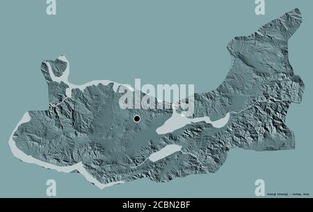 Form von Elazığ, Provinz der Türkei, mit seiner Hauptstadt isoliert auf einem einfarbigen Hintergrund. Farbige Höhenkarte. 3D-Rendering Stockfoto