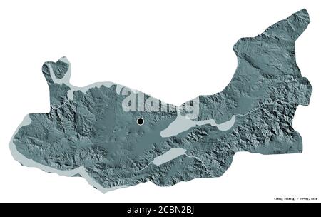 Form von Elazığ, Provinz der Türkei, mit seiner Hauptstadt isoliert auf weißem Hintergrund. Farbige Höhenkarte. 3D-Rendering Stockfoto