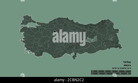 Entsättigte Form der Türkei mit ihrer Hauptstadt, der wichtigsten regionalen Teilung und dem abgetrennten Elazığ-Gebiet. Beschriftungen. Farbige Höhenkarte. 3D-Rendering Stockfoto