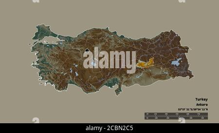 Entsättigte Form der Türkei mit ihrer Hauptstadt, der wichtigsten regionalen Teilung und dem abgetrennten Elazığ-Gebiet. Beschriftungen. Topografische Reliefkarte. 3D-Rendering Stockfoto
