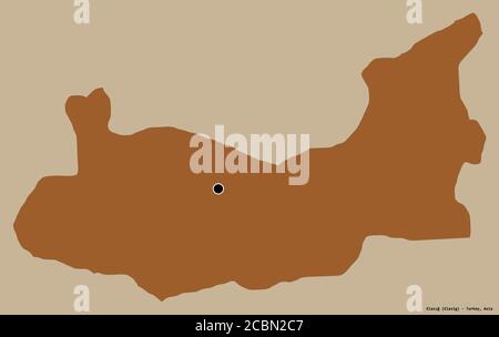 Form von Elazığ, Provinz der Türkei, mit seiner Hauptstadt isoliert auf einem einfarbigen Hintergrund. Komposition von gemusterten Texturen. 3D-Rendering Stockfoto