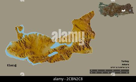 Form von Elazığ, Provinz der Türkei, mit seiner Hauptstadt auf festem Hintergrund isoliert. Entfernungsskala, Regionenvorschau und Beschriftungen. Topografische Reliefkarte. Stockfoto