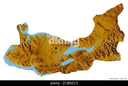 Form von Elazığ, Provinz der Türkei, mit seiner Hauptstadt isoliert auf weißem Hintergrund. Topografische Reliefkarte. 3D-Rendering Stockfoto