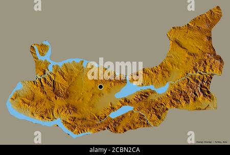 Form von Elazığ, Provinz der Türkei, mit seiner Hauptstadt isoliert auf einem einfarbigen Hintergrund. Topografische Reliefkarte. 3D-Rendering Stockfoto