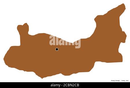 Form von Elazığ, Provinz der Türkei, mit seiner Hauptstadt isoliert auf weißem Hintergrund. Komposition von gemusterten Texturen. 3D-Rendering Stockfoto