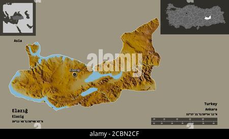Form von Elazığ, Provinz der Türkei, und seine Hauptstadt. Entfernungsskala, Vorschauen und Beschriftungen. Topografische Reliefkarte. 3D-Rendering Stockfoto