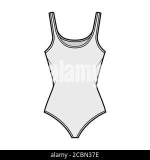 Body aus Baumwoll-Jersey, technische Mode-Illustration mit taillierter Body, ärmellos. Flach außen Cami Bekleidungsvorlage vorne, grau. Damen Herren Unisex TOP CAD Mockup. Stock Vektor