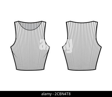 3/4-Tanktop aus geripptem Baumwoll-Jersey mit technischer Fashion-Illustration mit schmaler Passform, Taillenlänge und Rundhalsausschnitt. Flach nach außen oben Bekleidungsvorlage vorne, hinten grau Farbe. Damen, Herren Unisex Hemd Strick CAD Stock Vektor