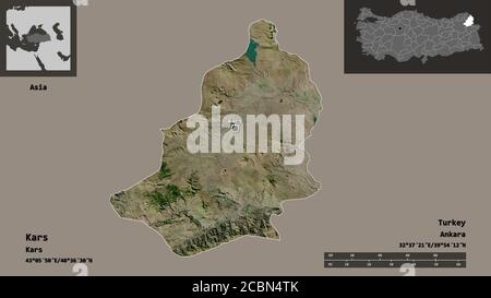 Form von Kars, Provinz der Türkei, und seine Hauptstadt. Entfernungsskala, Vorschauen und Beschriftungen. Satellitenbilder. 3D-Rendering Stockfoto