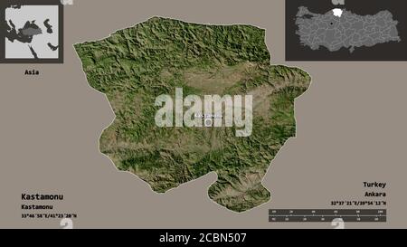 Form von Kastamonu, Provinz der Türkei, und seine Hauptstadt. Entfernungsskala, Vorschauen und Beschriftungen. Satellitenbilder. 3D-Rendering Stockfoto