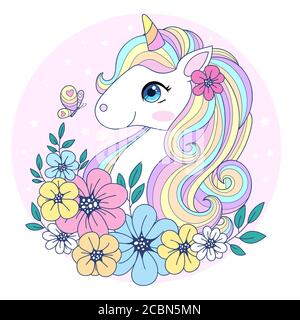 Niedliches Einhorn mit Blumen und Schmetterlingen umgeben. Fantastisches Tier für kindliche Gestaltung. Geeignet für Drucke. Poster. Aufkleber, Postkarten, etc. Stock Vektor