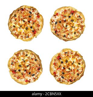 Blick von oben auf frische leckere hausgemachte Pizzas isoliert auf einem Weißer Hintergrund Stockfoto