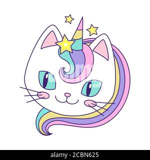 Kopf einer niedlichen Regenbogen Einhorn Katze. Fantastisches Tier. Für Kinder Gestaltung von Drucken, Plakaten, Postkarten, Sticker. Vektorgrafik Stock Vektor