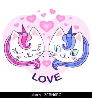 Liebe. Zwei Einhornkatzen verliebt. Fantastische Tiere. Für die Gestaltung von Drucken, Plakaten, Postkarten, Sticker, Banner, etc. Vektor-Illustration Stock Vektor