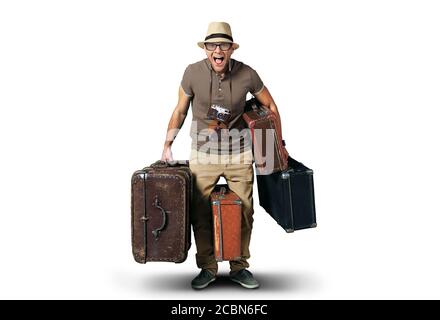 Tourist in einem Hut mit einem Haufen Koffer Stockfoto