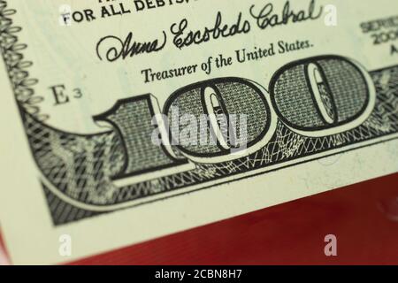 Ein hundert Dollar Banknote Makro-Foto aus nächster Nähe Stockfoto